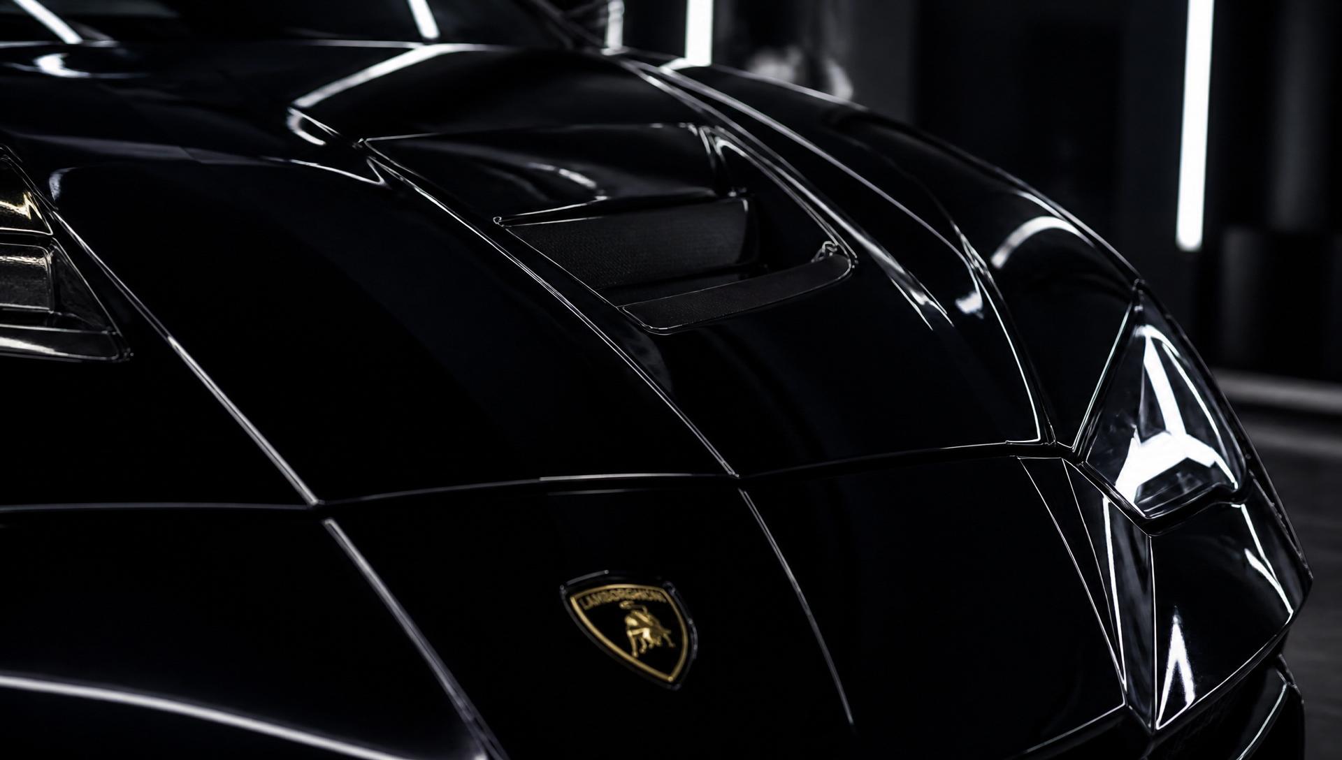 Luxury black vehicle in a professional detailing bay with dramatic studio lighting