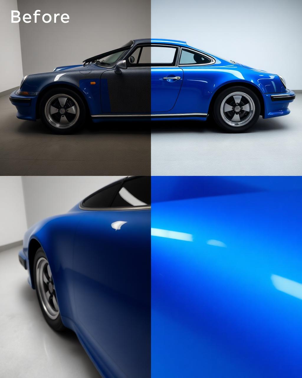 Before and after paint correction showing a dull finish transformed to a mirror-like gloss